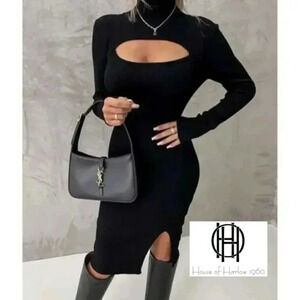 House of Harlow 1960 Revolve Black Ribbed Longsleeve Cut-out Midi Dress L